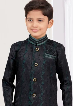 Woven Art Silk Jacquard Sherwani in Black