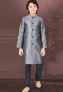 Woven Art Silk Jacquard Sherwani in Grey