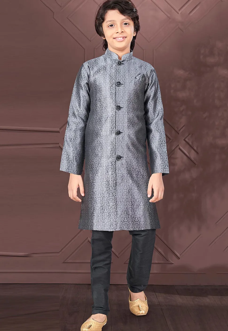 Woven Art Silk Jacquard Sherwani in Grey