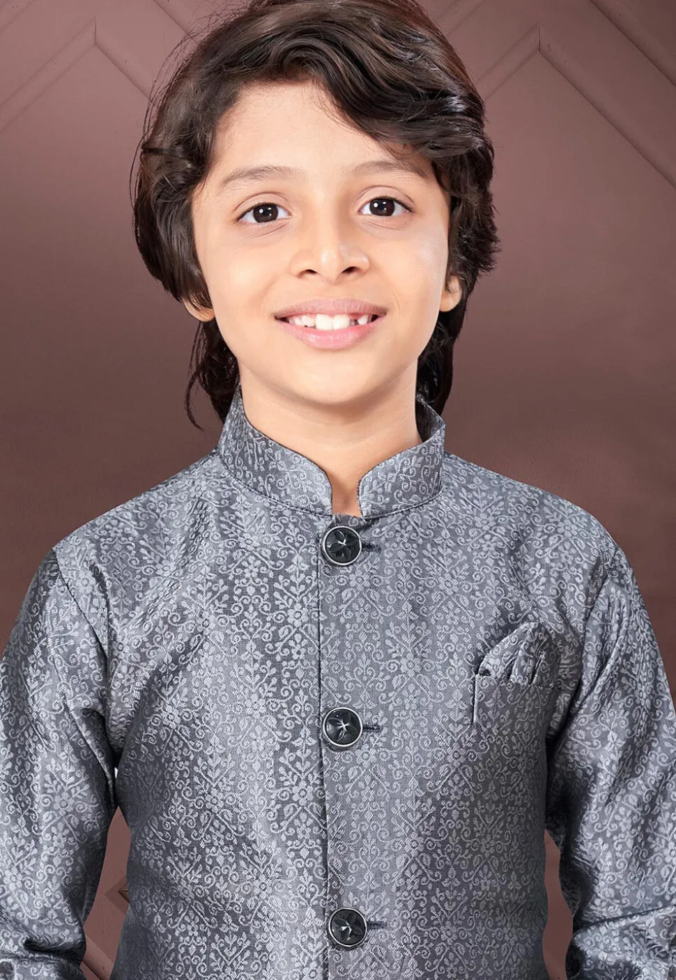Woven Art Silk Jacquard Sherwani in Grey