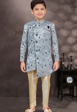 Woven Art Silk Jacquard Sherwani in Dusty Blue