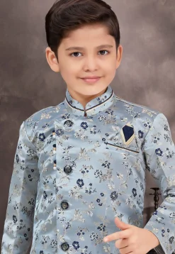 Woven Art Silk Jacquard Sherwani in Dusty Blue