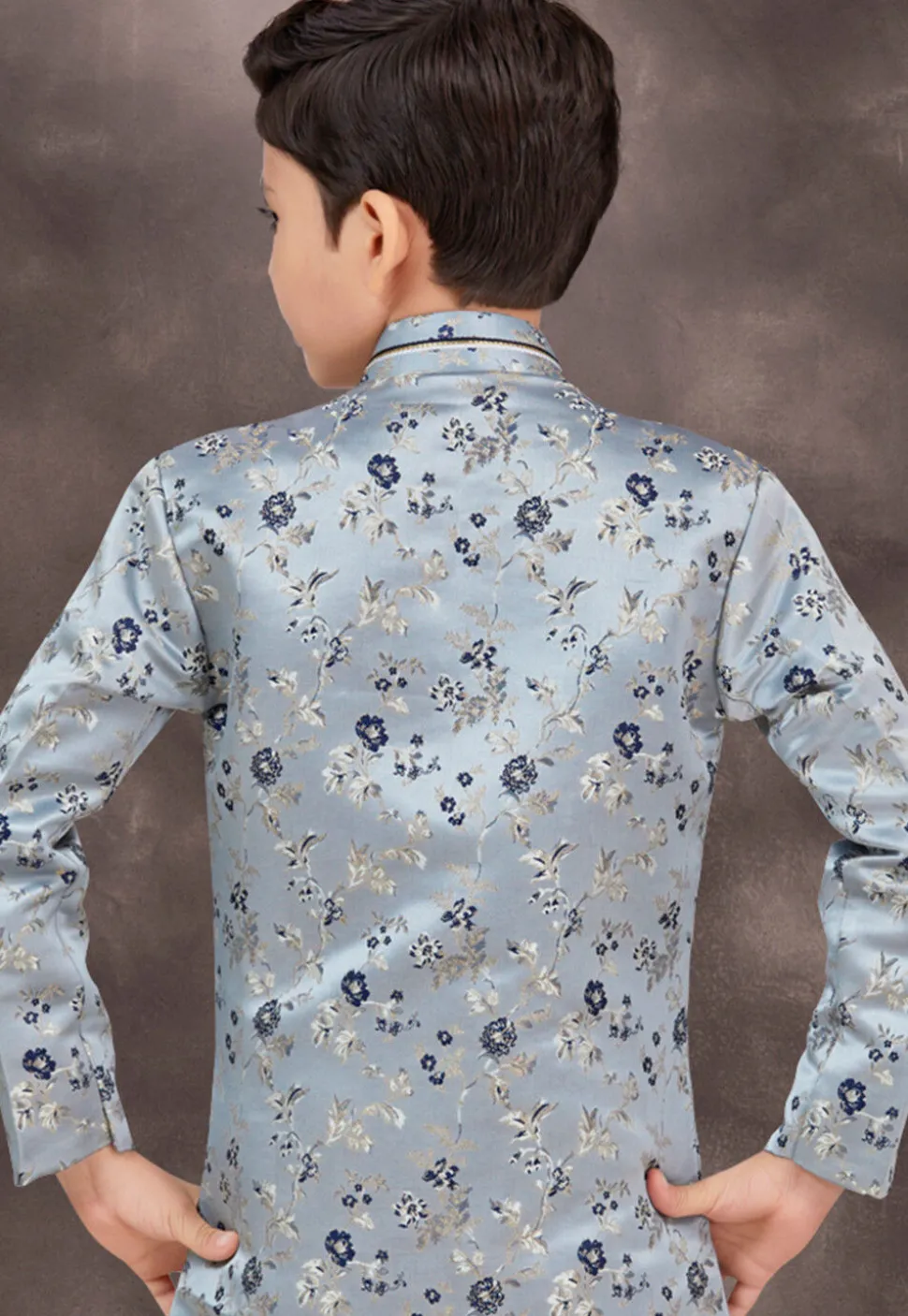 Woven Art Silk Jacquard Sherwani in Dusty Blue