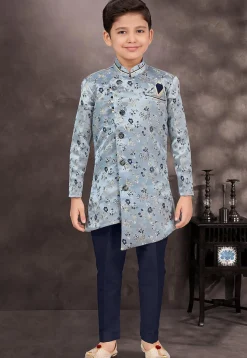 Woven Art Silk Jacquard Sherwani in Dusty Blue