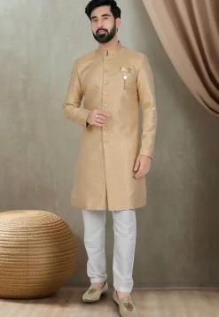 Woven Art Silk Jacquard Sherwani in Beige