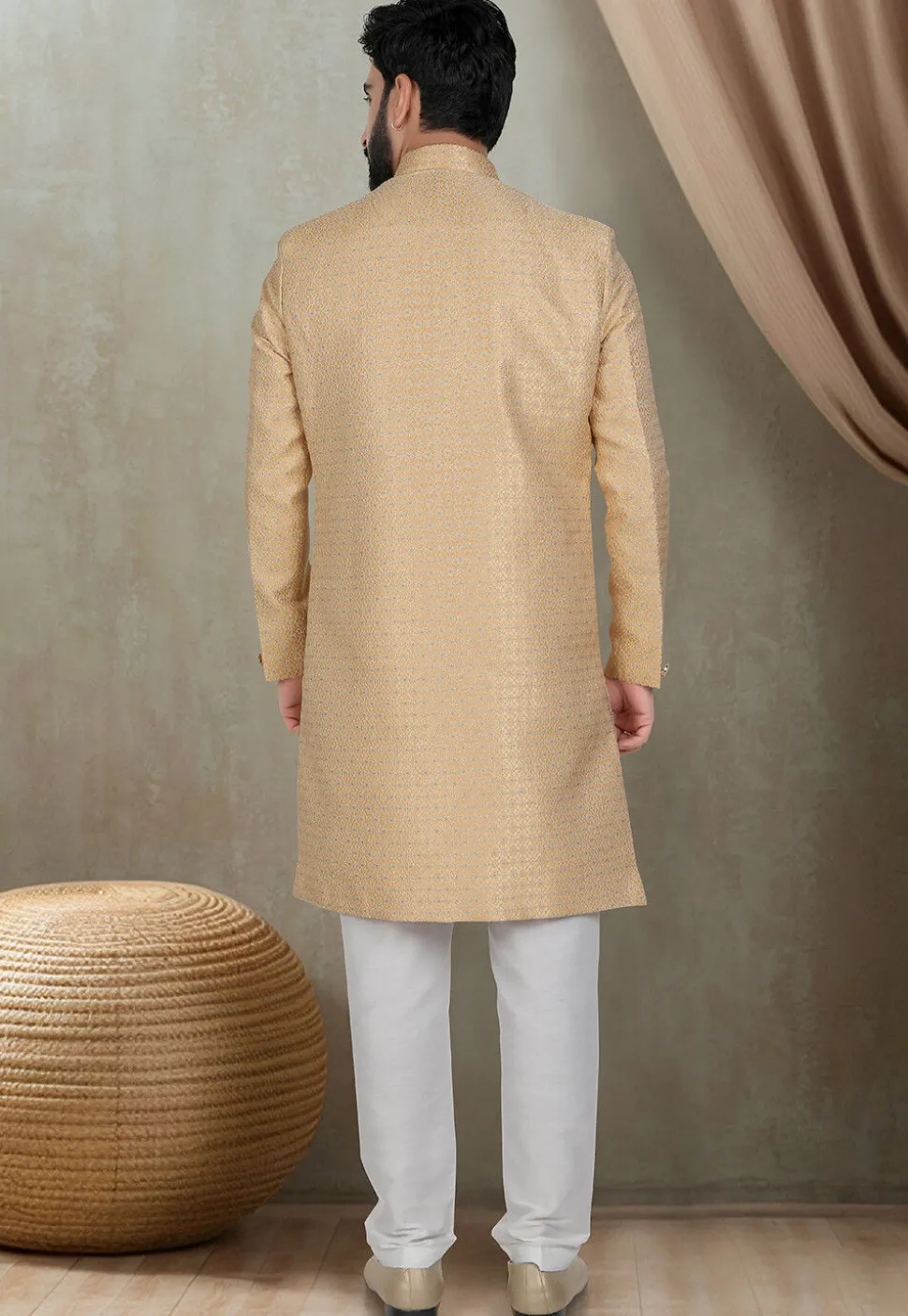 Woven Art Silk Jacquard Sherwani in Beige