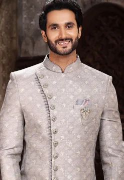 Woven Art Silk Jacquard Sherwani in Grey