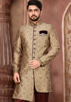 Woven Art Silk Jacquard Sherwani in Dark Beige
