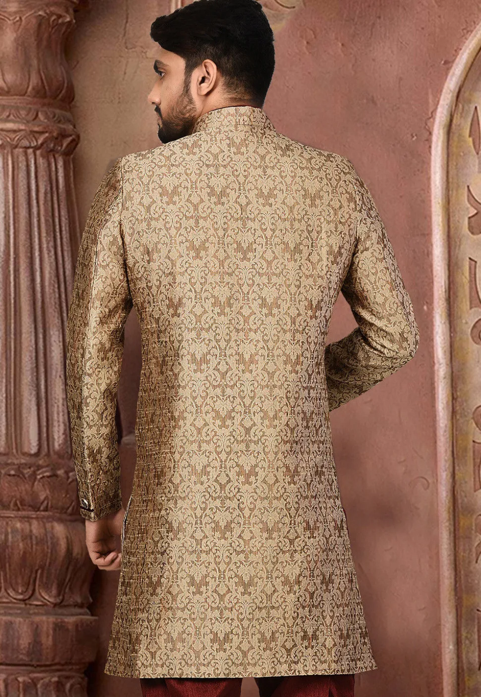 Woven Art Silk Jacquard Sherwani in Dark Beige