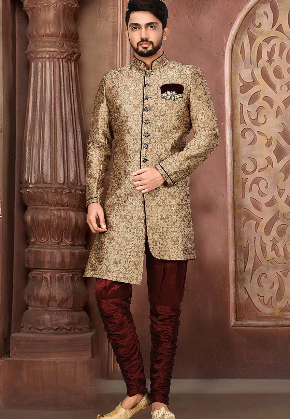 Woven Art Silk Jacquard Sherwani in Dark Beige