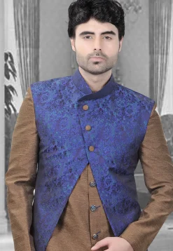 Woven Art Silk Jacquard Sherwani in Brown and Royal Blue