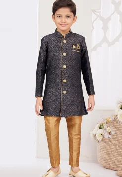 Woven Art Silk Jacquard Sherwani in Navy Blue and Golden