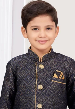 Woven Art Silk Jacquard Sherwani in Navy Blue and Golden