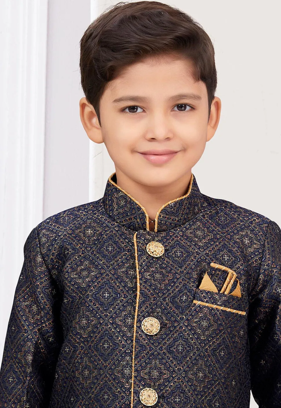 Woven Art Silk Jacquard Sherwani in Navy Blue and Golden