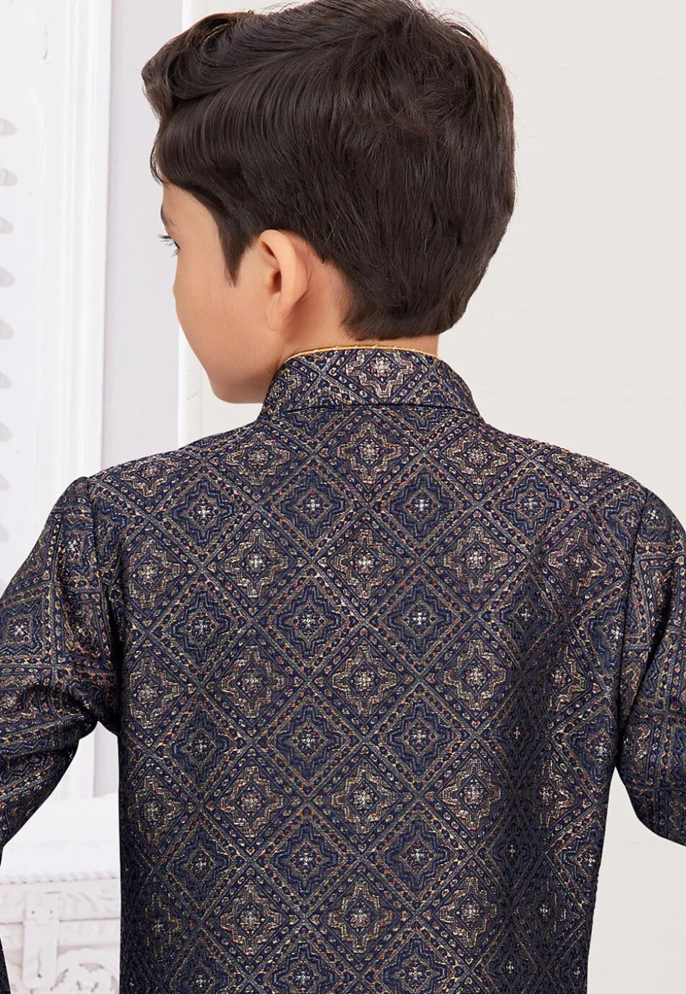 Woven Art Silk Jacquard Sherwani in Navy Blue and Golden