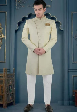 Woven Art Silk Jacquard Sherwani in Light Green