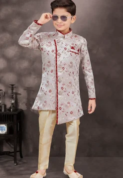 Woven Art Silk Jacquard Sherwani in Grey