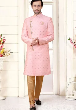 Woven Art Silk Jacquard Sherwani in Pink
