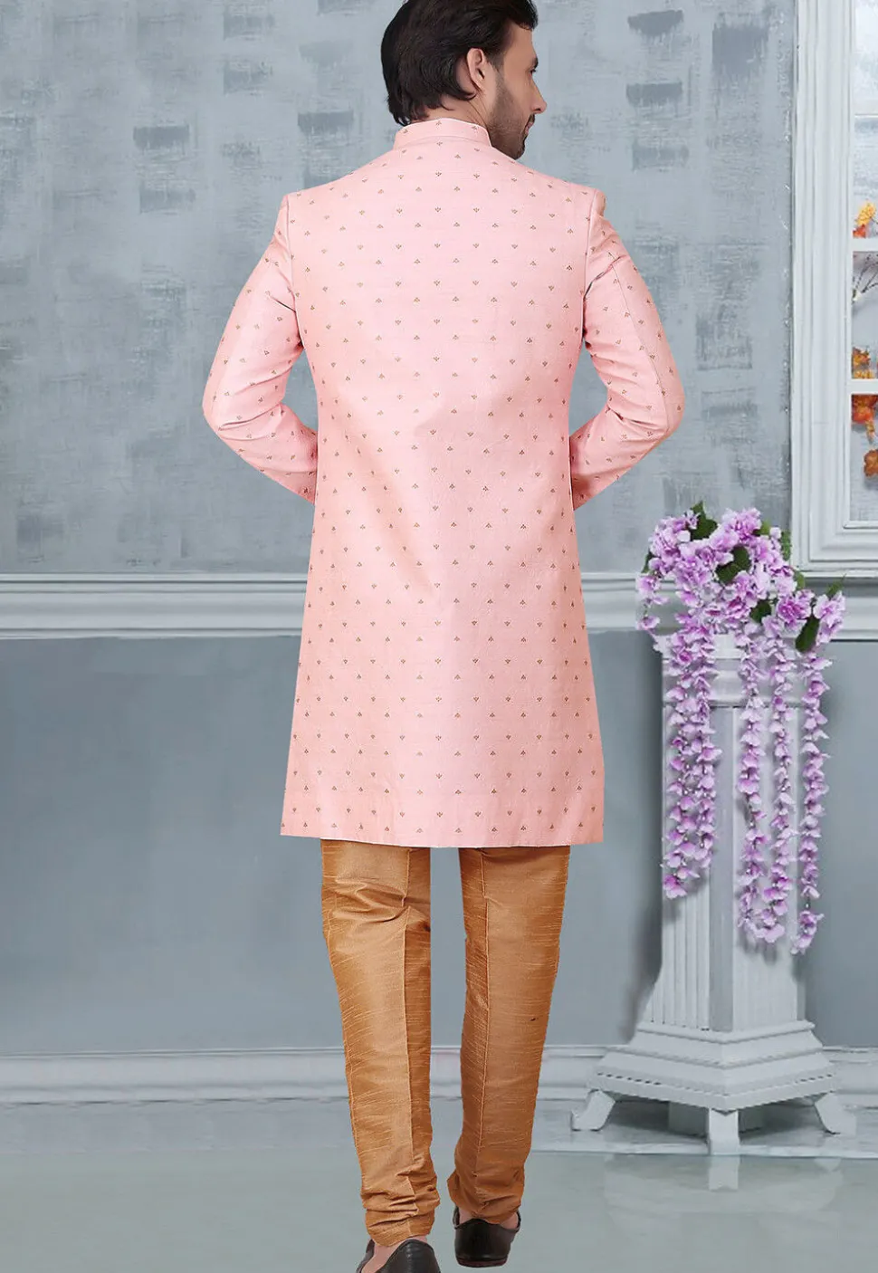 Woven Art Silk Jacquard Sherwani in Pink