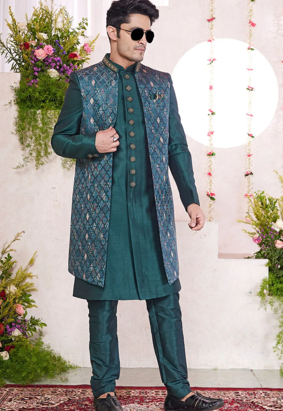 Woven Art Silk Jacquard Sherwani in Teal Green