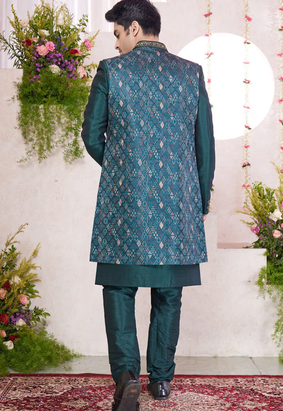 Woven Art Silk Jacquard Sherwani in Teal Green