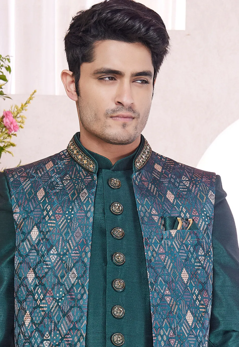 Woven Art Silk Jacquard Sherwani in Teal Green