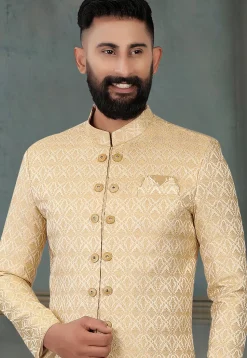 Woven Art Silk Jacquard Sherwani in Beige