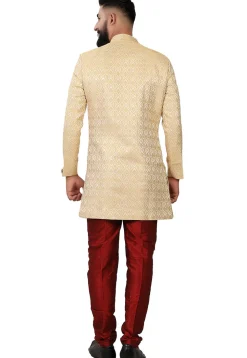 Woven Art Silk Jacquard Sherwani in Beige