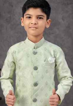 Woven Art Silk Jacquard Sherwani in Light Green