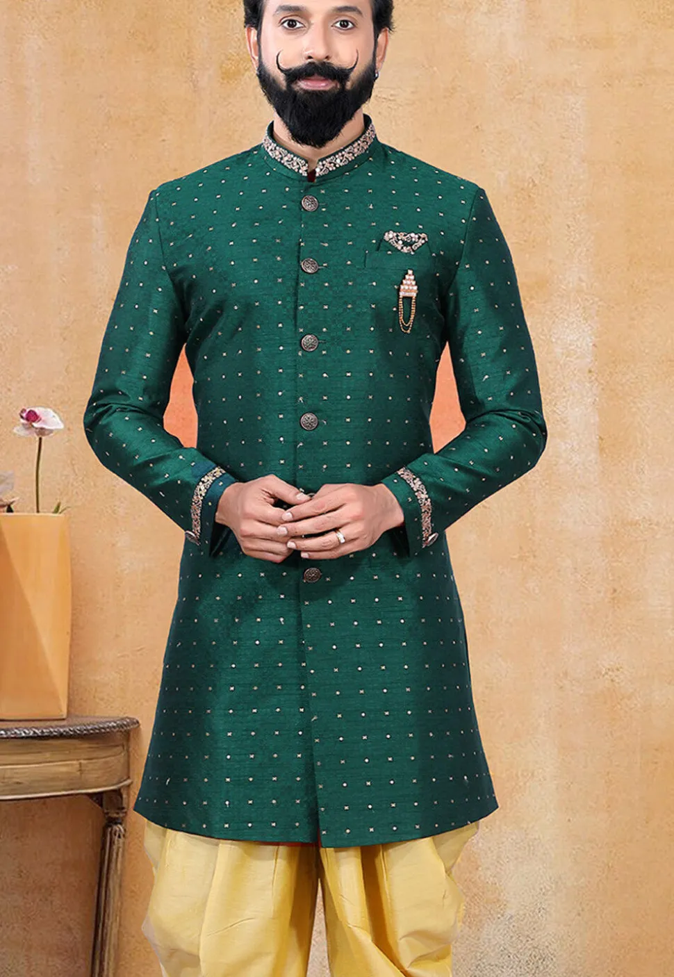 Woven Art Silk Jacquard Sherwani in Teal Green