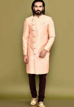 Woven Art Silk Jacquard Sherwani in Peach
