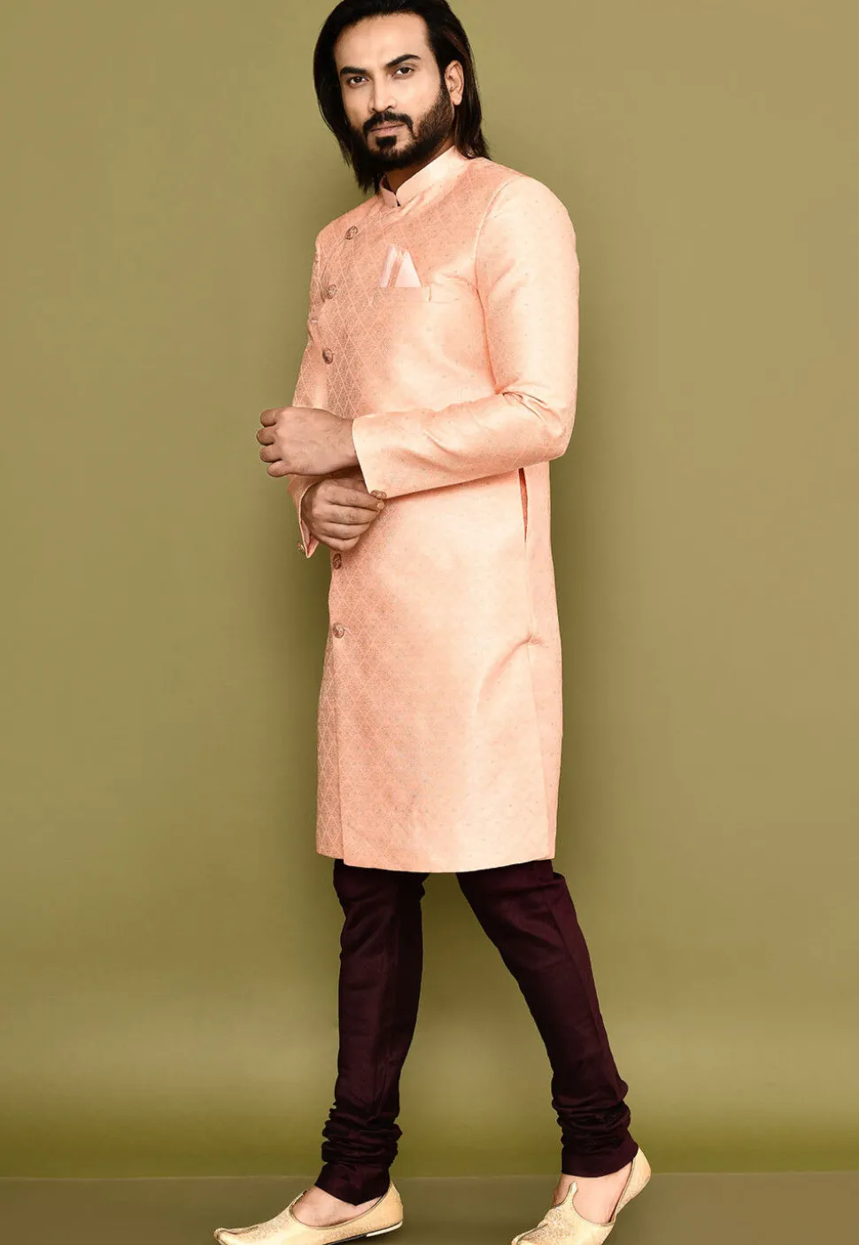 Woven Art Silk Jacquard Sherwani in Peach