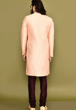 Woven Art Silk Jacquard Sherwani in Peach
