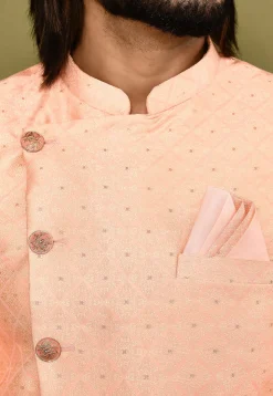 Woven Art Silk Jacquard Sherwani in Peach