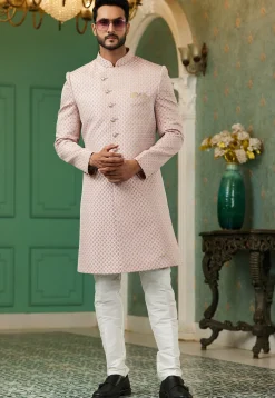 Woven Art Silk Jacquard Sherwani in Light Pink