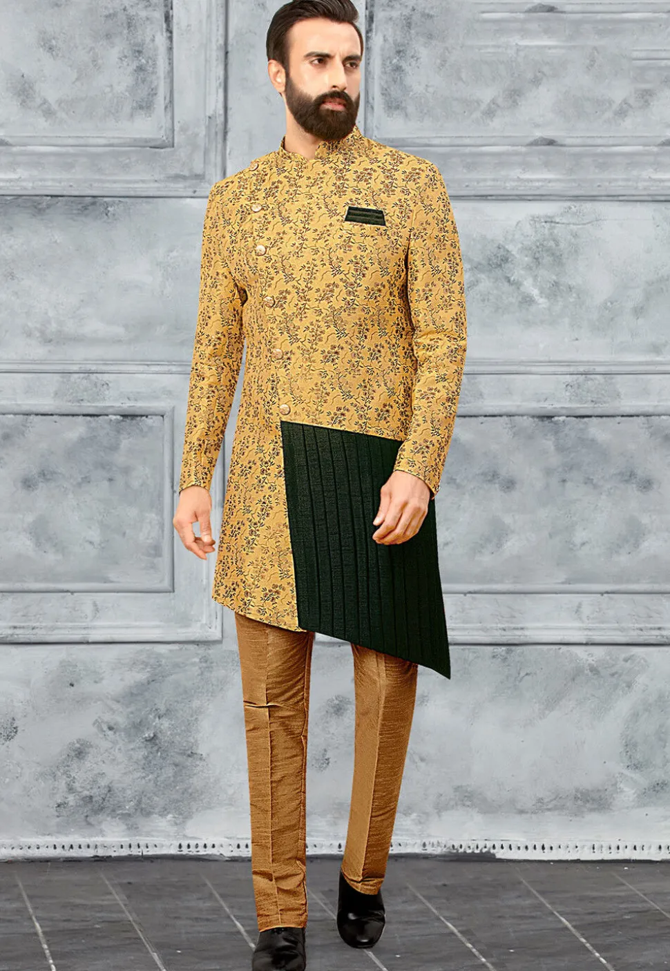 Woven Art Silk Jacquard Sherwani in Yellow