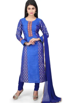 Woven Art Silk Jacquard Straight Cut Suit in Blue