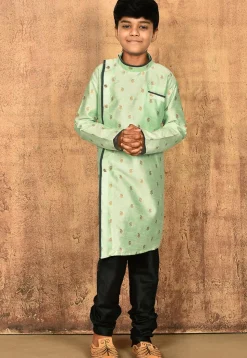 Woven Art Silk Jacquard Sherwani Set in Pastel Green