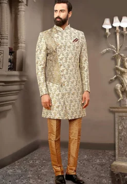 Woven Art Silk Jacquard Sherwani in Beige