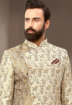Woven Art Silk Jacquard Sherwani in Beige