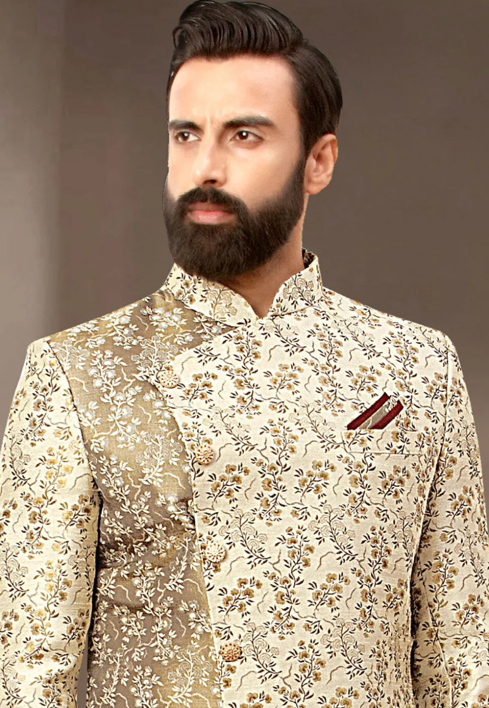Woven Art Silk Jacquard Sherwani in Beige