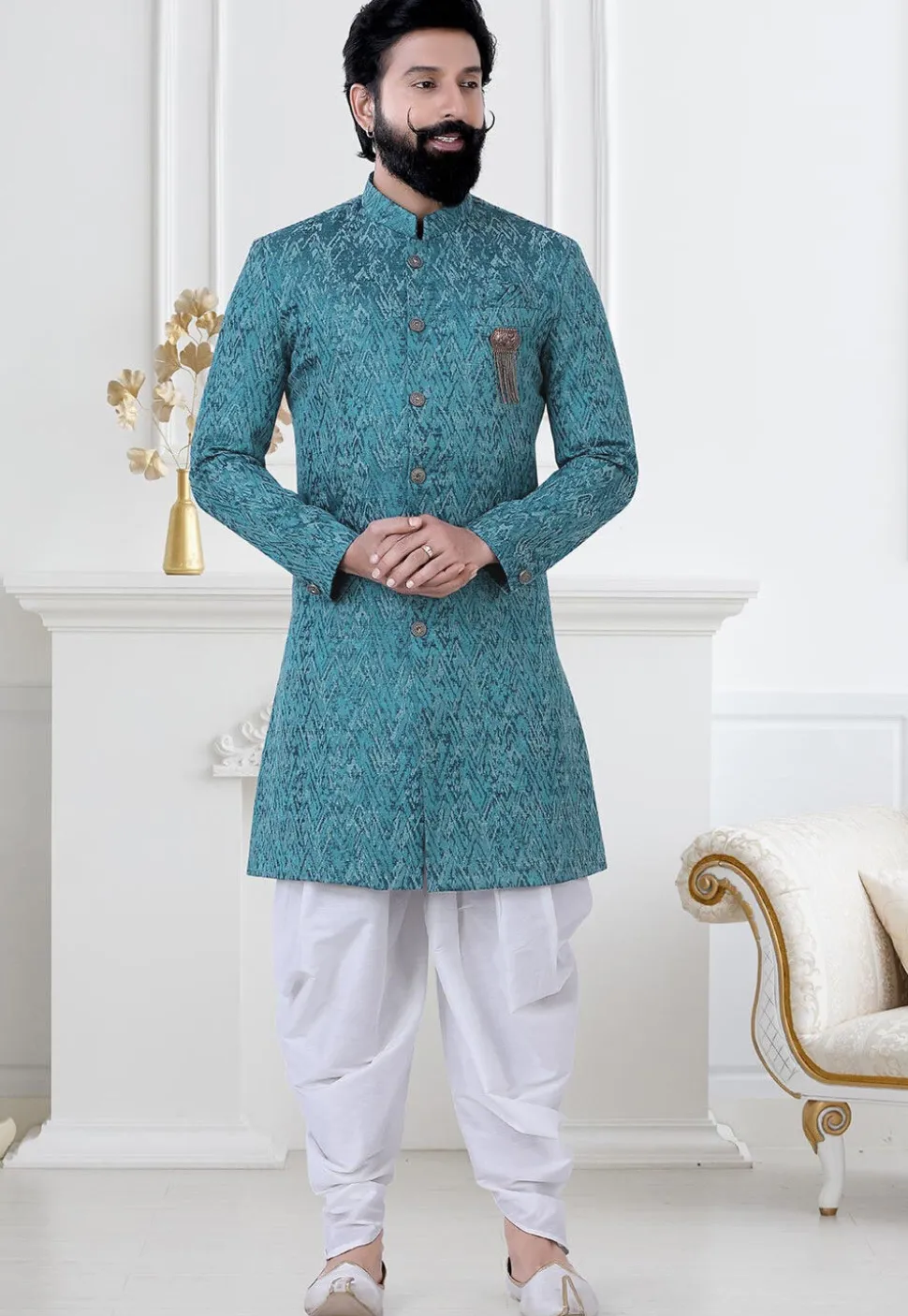 Woven Art Silk Jacquard Sherwani in Blue