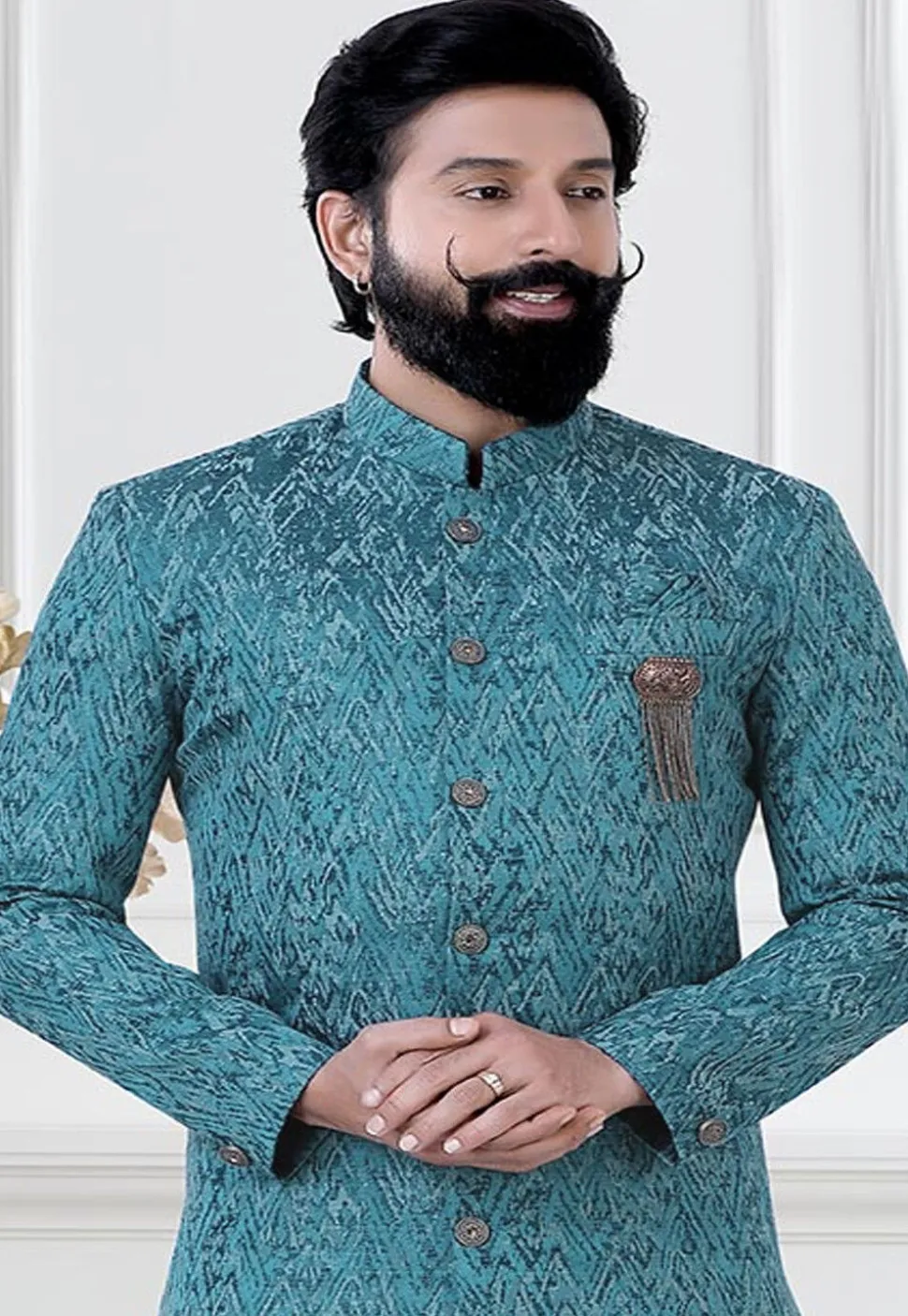 Woven Art Silk Jacquard Sherwani in Blue
