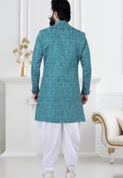 Woven Art Silk Jacquard Sherwani in Blue