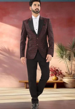 Woven Art Silk Jacquard Tuxedo in Maroon