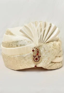 Woven Art Silk Jacquard Turban in Off White