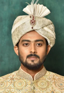 Woven Art Silk Jacquard Turban in Off White