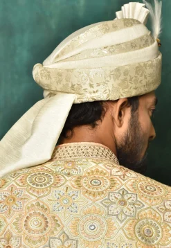 Woven Art Silk Jacquard Turban in Off White