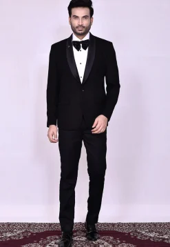 Woven Art Silk Jacquard Tuxedo in Black
