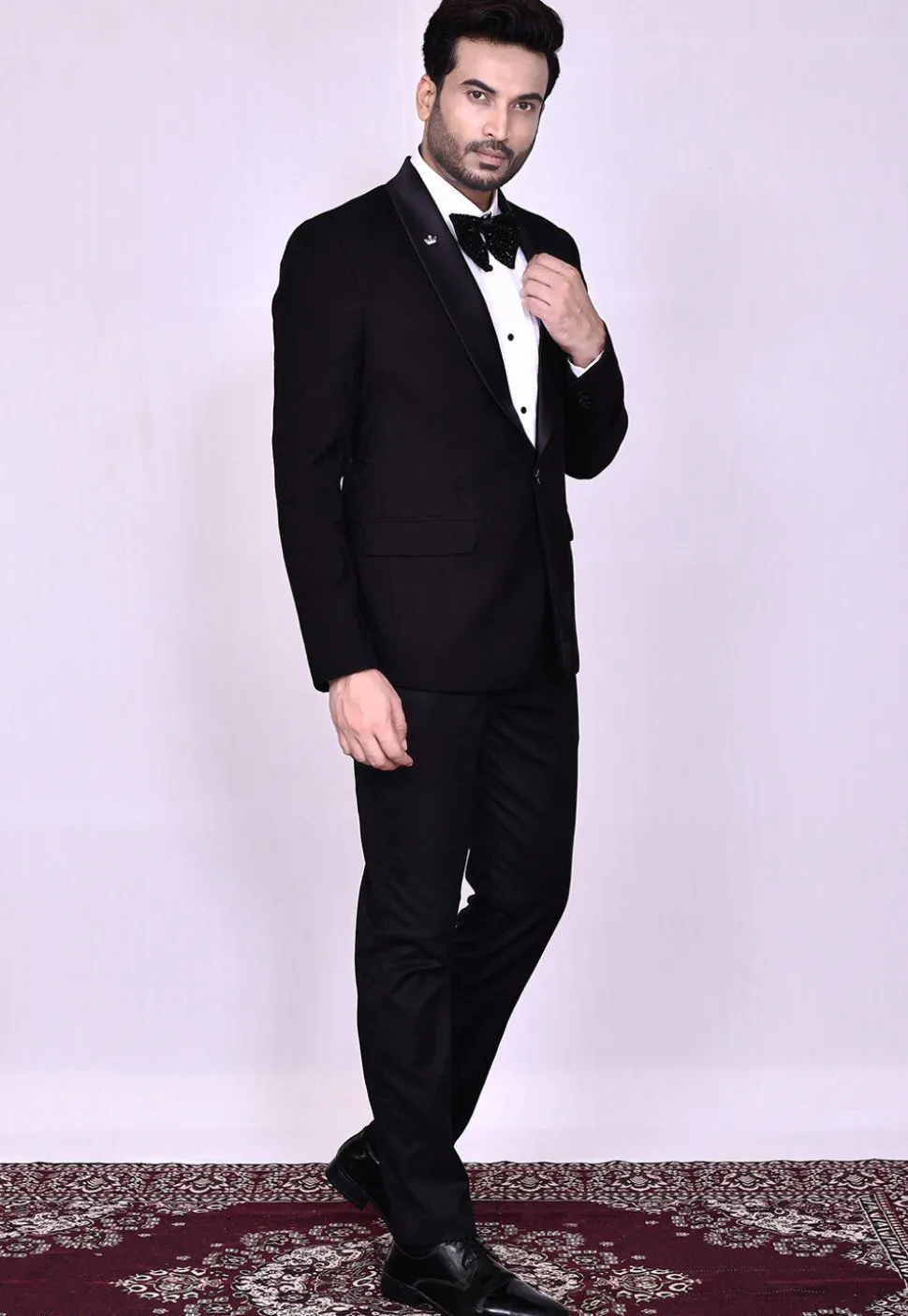 Woven Art Silk Jacquard Tuxedo in Black